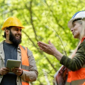 Waist up view of a small group of tree surgeons standing together discussing plans and strategies. They are wearing work attire and hi-vis jackets while surrounded by towering trees in a forest in Northumberland, North East England.
